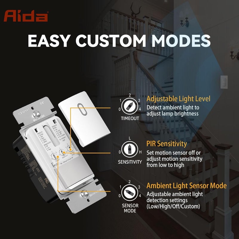 Aida Single Pole Motion Sensor Light Switch w/Neutral Wire - 120° PIR Infrared Activation - CFL/LED/MLV/INC/HAL/Fan Compatible - UL Certified - 1 Pack,Matte White - Image 4